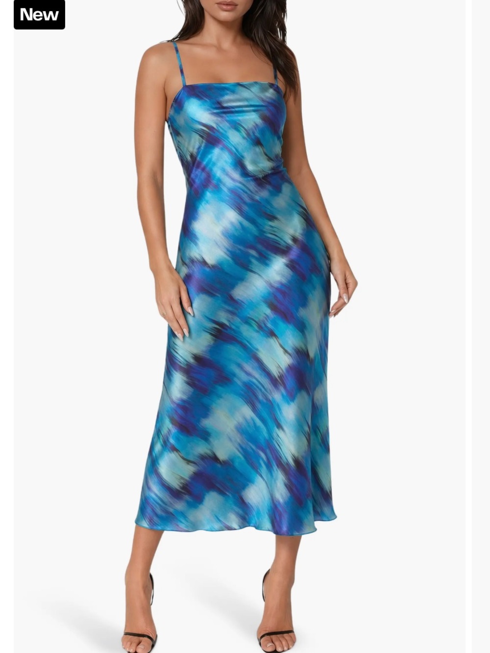 Bebe Blue Multi Satin Midi Slip Dress – Size Large – NWT